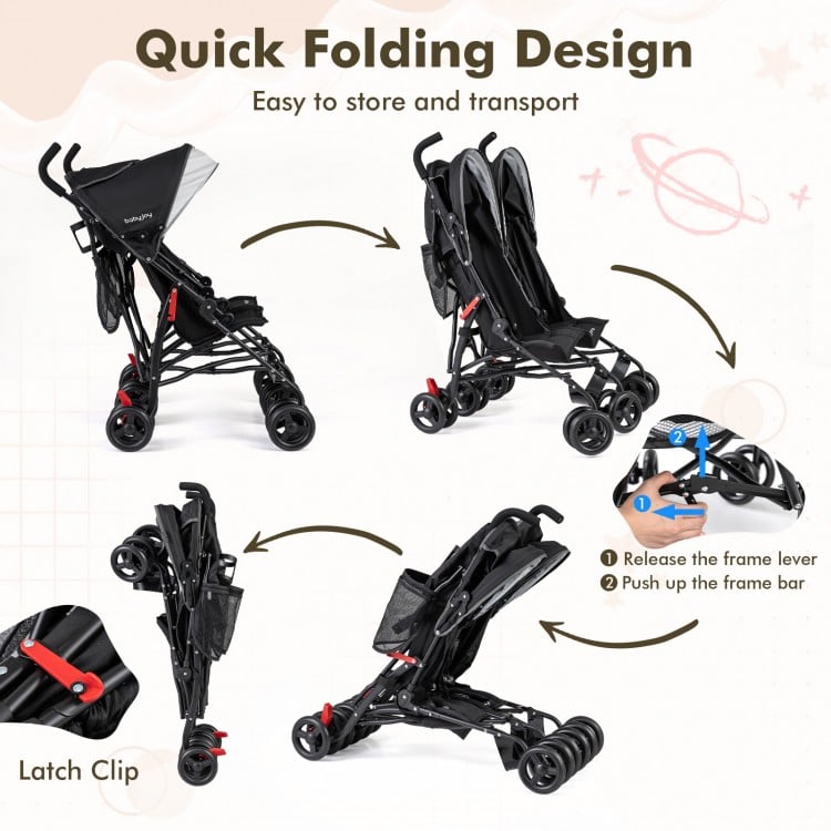 Foldable Twin Baby Double Stroller Ultralight Umbrella Kids Stroller-Black