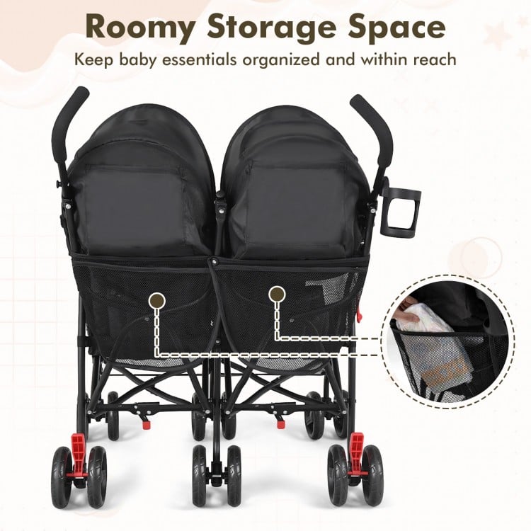 Foldable Twin Baby Double Stroller Ultralight Umbrella Kids Stroller-Black