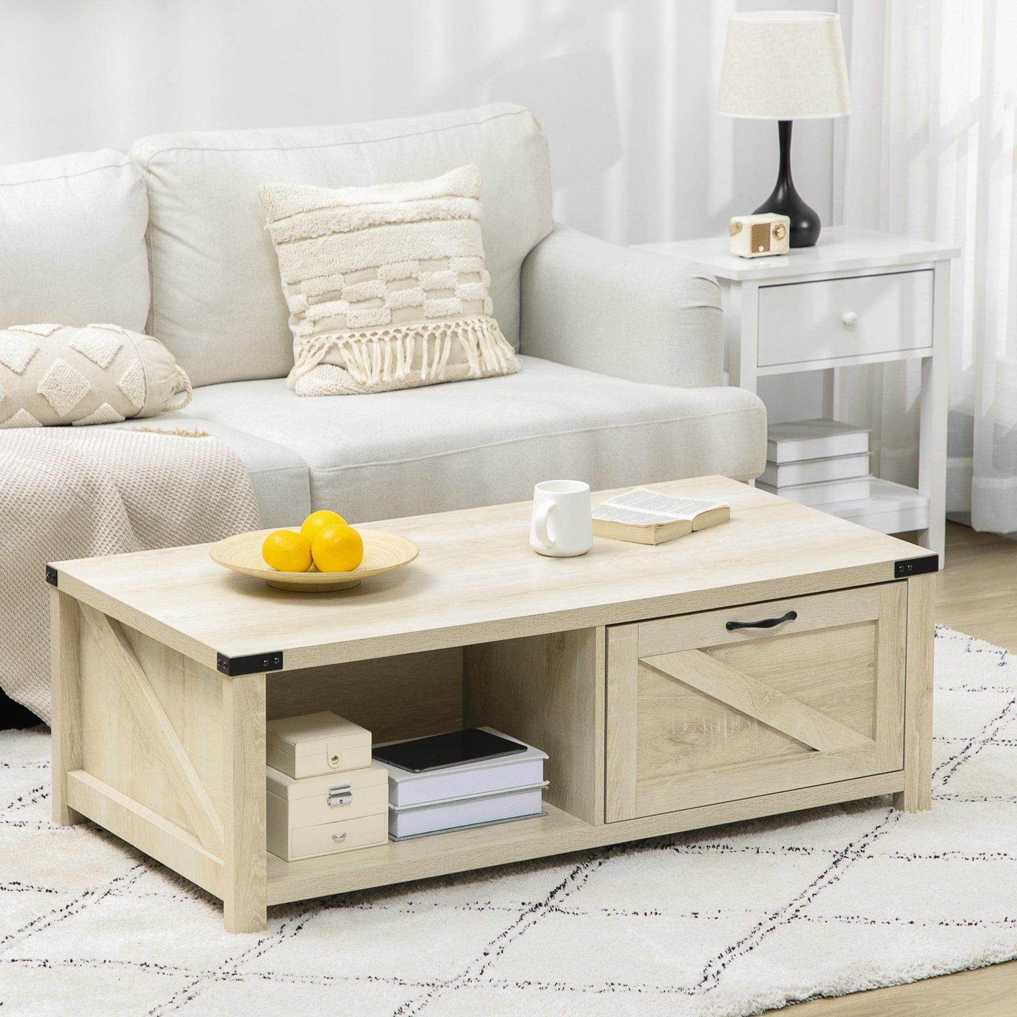 Lowen Farmhouse Coffee Table with Drawer and Open Storage Shelf-White Oak