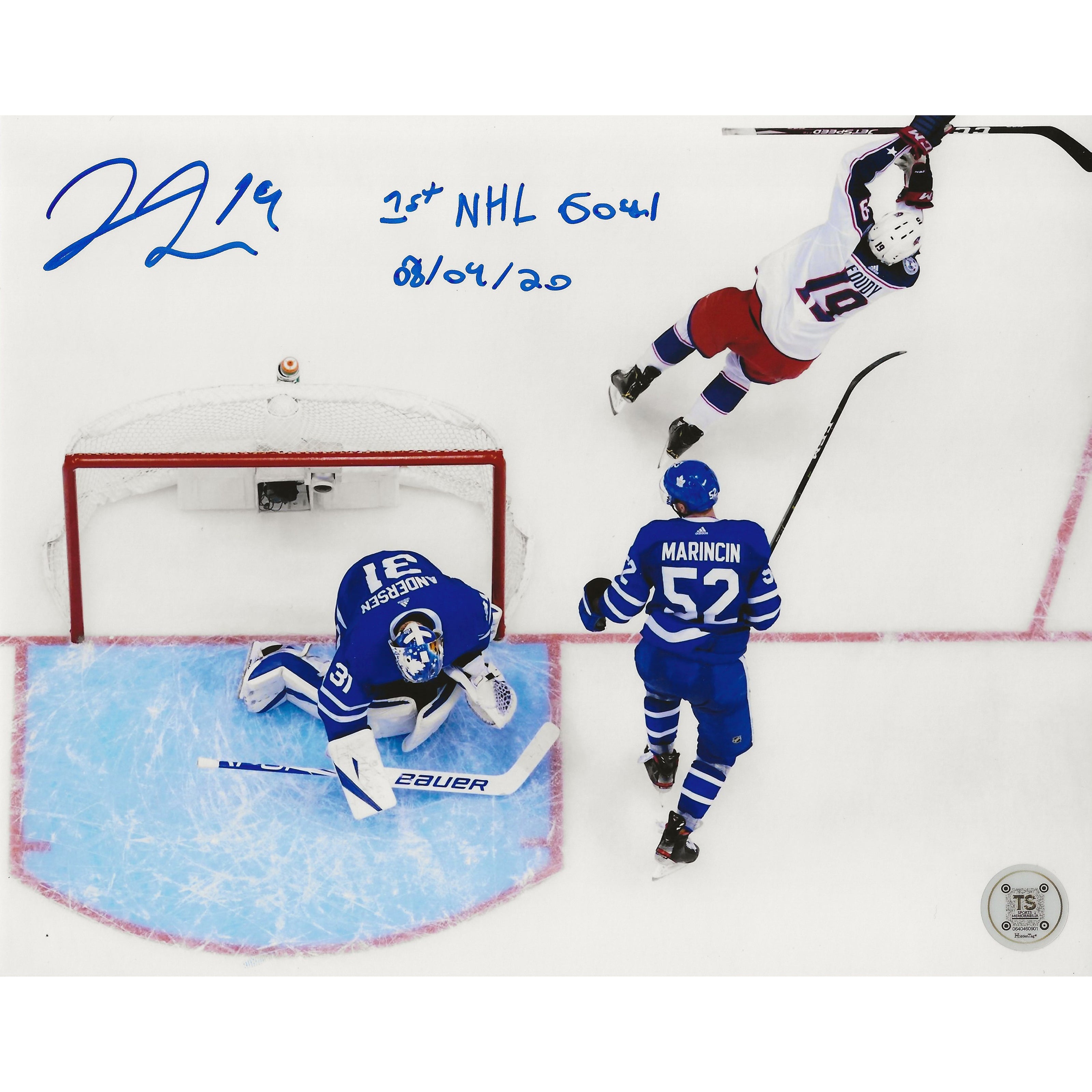 Liam Foudy Autographed Columbus Blue Jackets Aerial View Goal Celebration 8x10 Photo Inscribed 
