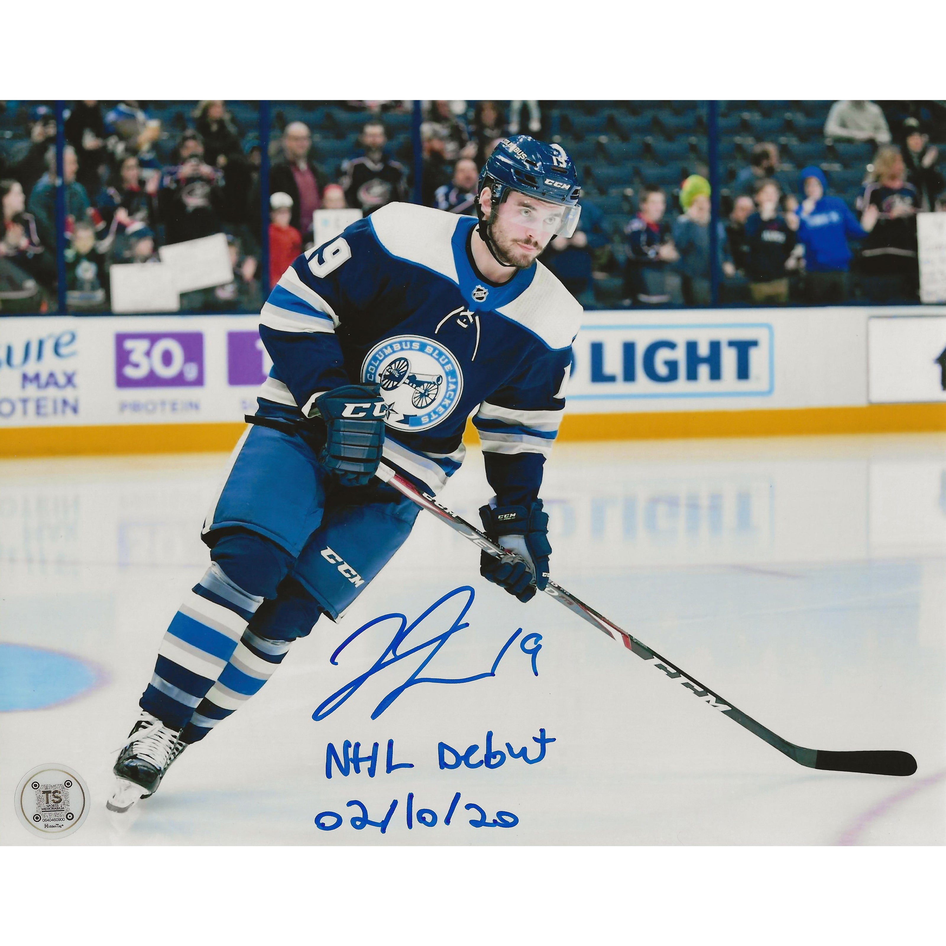 Liam Foudy Autographed Columbus Blue Jackets Warm-Up 8x10 Photo Inscribed 