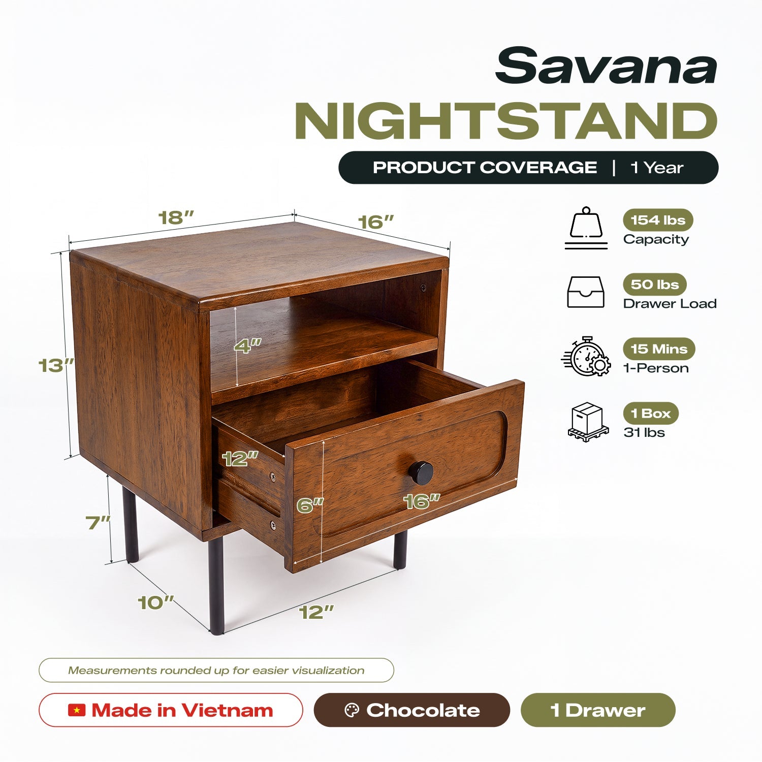 Savana Single Drawer Solid Wood Nightstand
