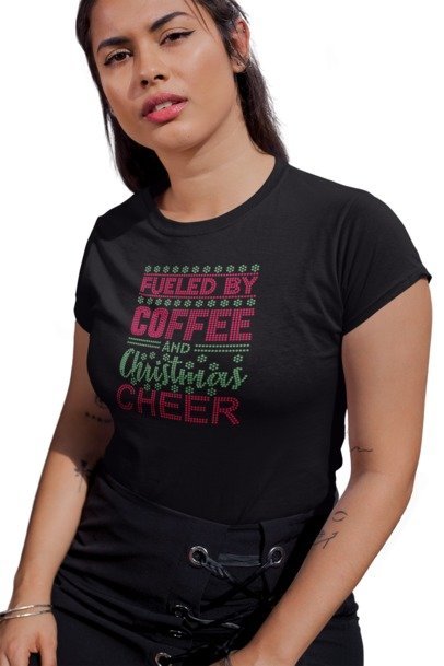Fueled by Coffee and Christmas Cheer Rhinestone Shirt – Holiday Coffee Bling Tee | Blingdazzel