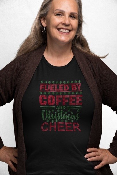 Fueled by Coffee and Christmas Cheer Rhinestone Shirt – Holiday Coffee Bling Tee | Blingdazzel