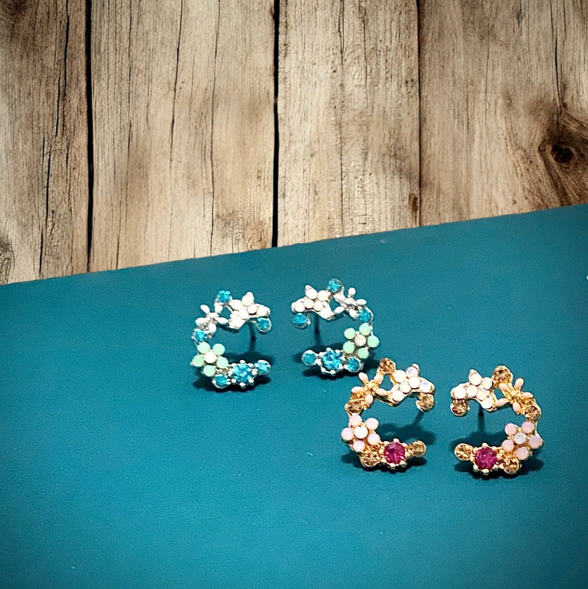 Crescent Bloom Stud Earrings – Floral Halo Design - Sparkle