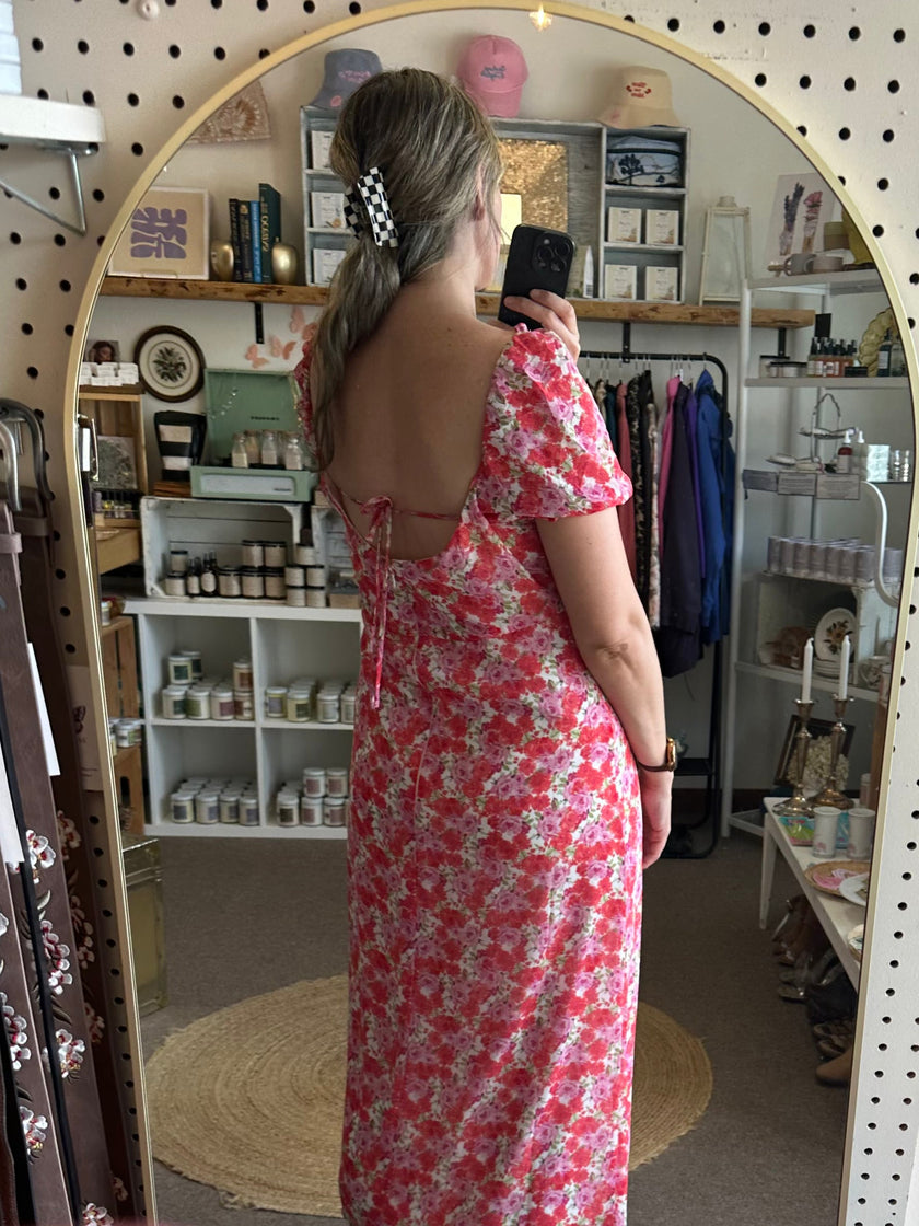 Floral Puff-Sleeve Midi Dress – Square Neckline in Rosy Bloom | Size Med/Large