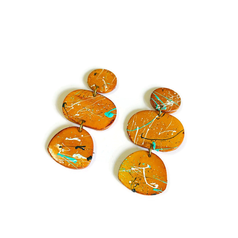 Wearable Art Clip On Earrings in Mustard Yellow and Paint Splash