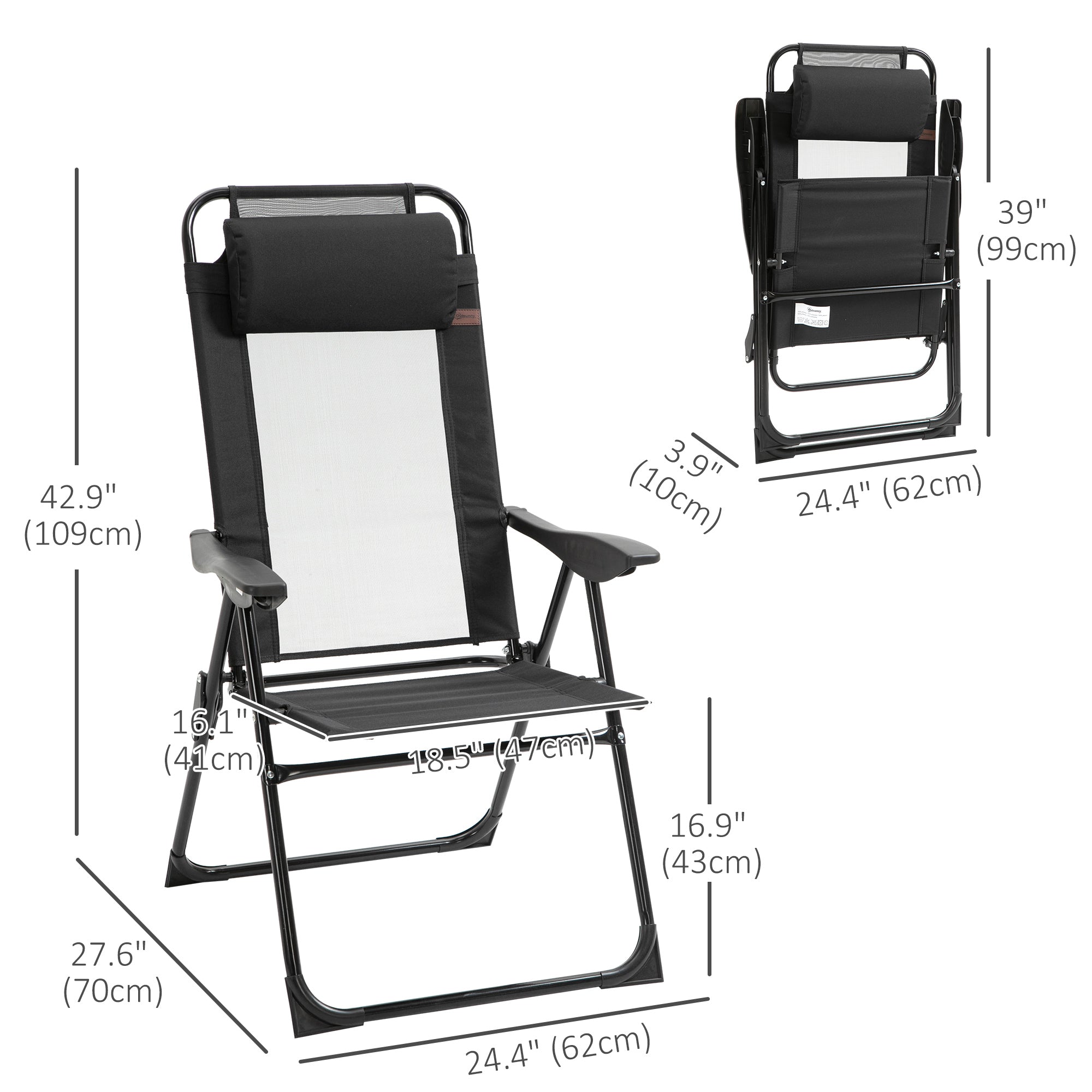 Outsunny Dual Camping Delight: Double Foldable Reclining Camping Chairs with Headrest, Black