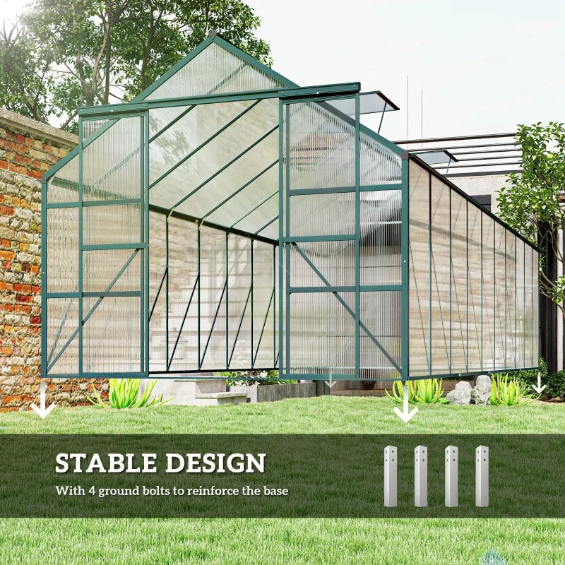 Aluminum Greenhouse Polycarbonate Walk-in Garden Greenhouse with Sliding Door, 20' x 8', Green