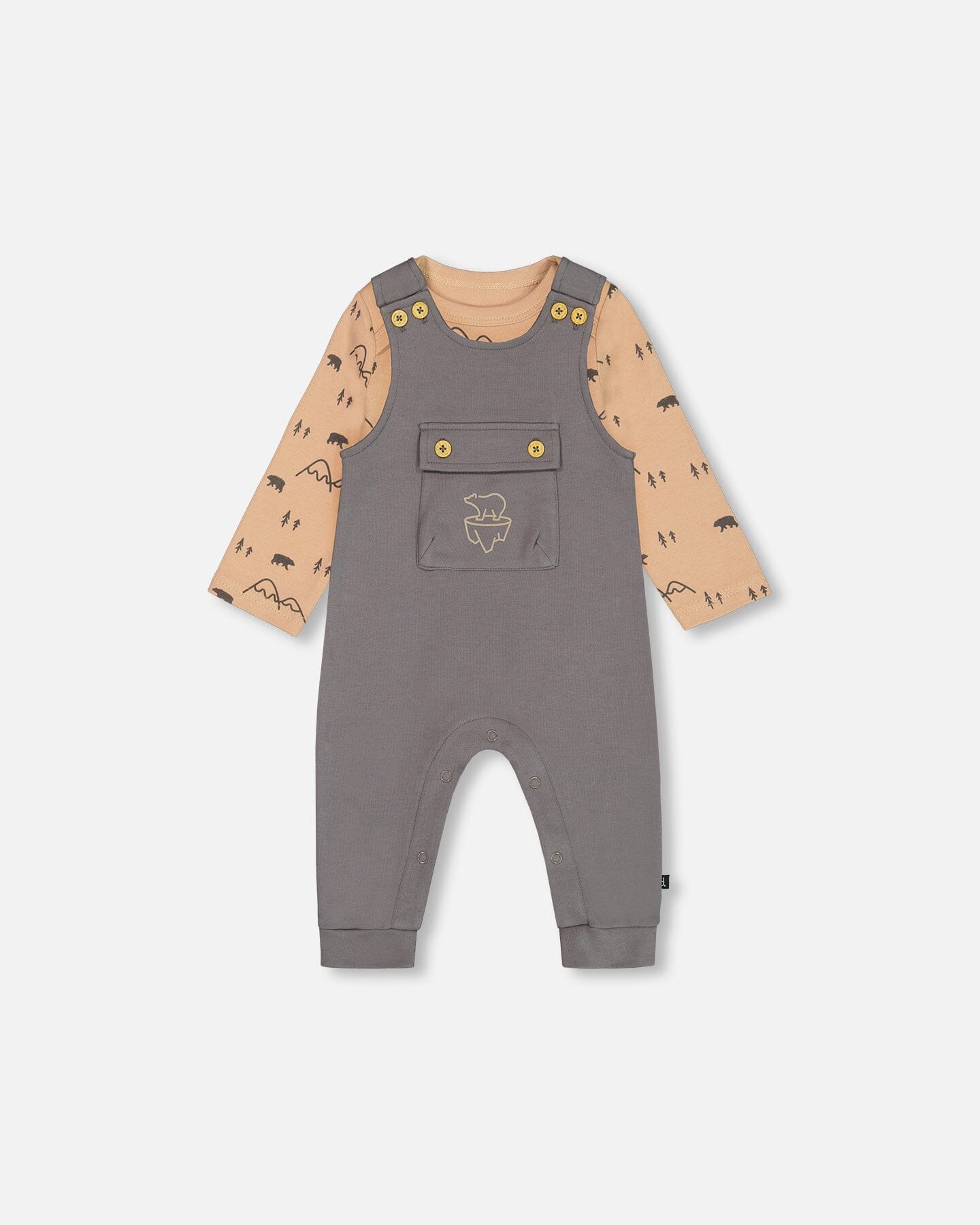 Organic Cotton Printed Onesie And Overall Set Dark Gray With Mountains