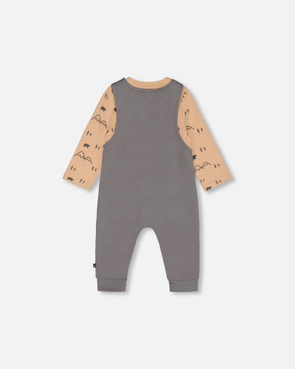 Organic Cotton Printed Onesie And Overall Set Dark Gray With Mountains