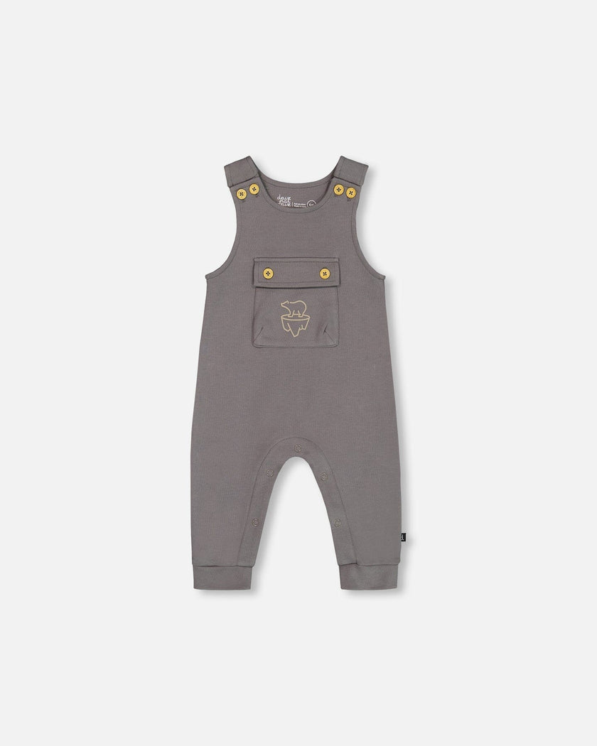 Organic Cotton Printed Onesie And Overall Set Dark Gray With Mountains