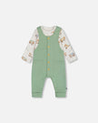 Organic Cotton Printed Onesie And Overall Set Green And Racoon