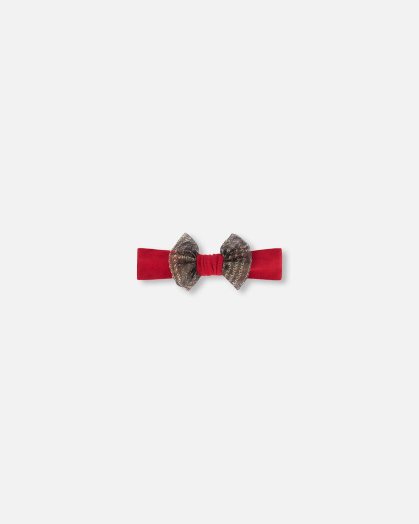 Headband With Glittering Tulle Bow Red Plaid
