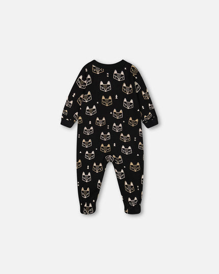 Organic Cotton One Piece Pajama Black Printed Fox