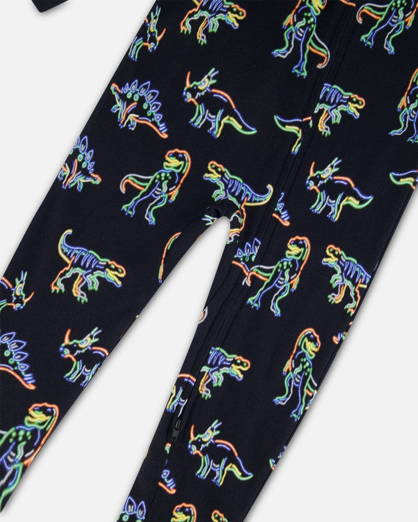 Organic Cotton One Piece Pajama Black Printed Neon Dino