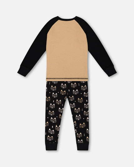 Organic Cotton Two Piece Pajama Set Black Printed Fox