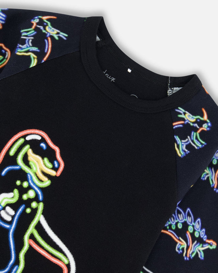 Organic Cotton Two Piece Pajama Set Black Printed Neon Dino