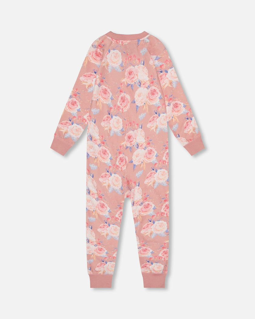 Organic Cotton One Piece Pajama Old Pink Printed Roses