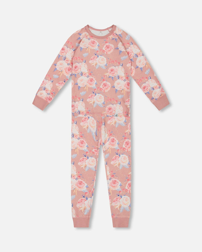 Organic Cotton Two Piece Pajama Set Old Pink Printed Roses