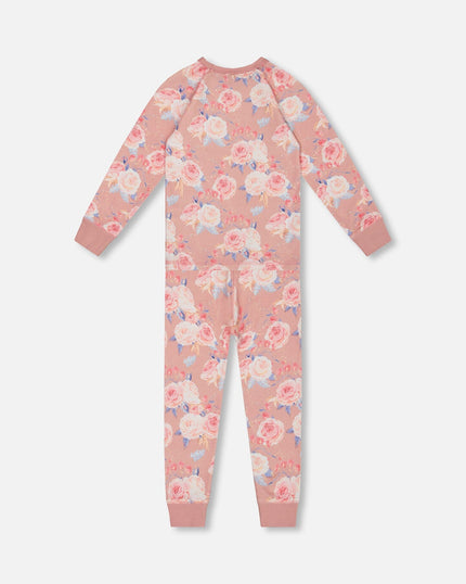 Organic Cotton Two Piece Pajama Set Old Pink Printed Roses