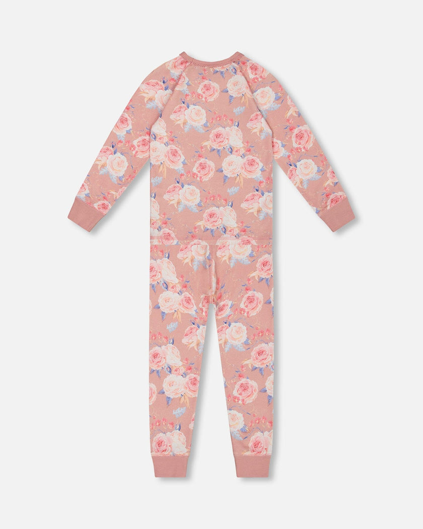 Organic Cotton Two Piece Pajama Set Old Pink Printed Roses