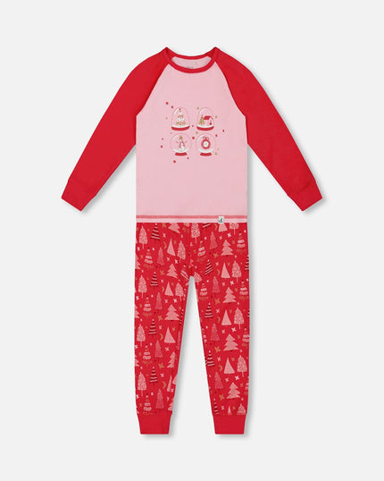 Organic Cotton Two Piece Pajama Set Red Printed Christmas Tree
