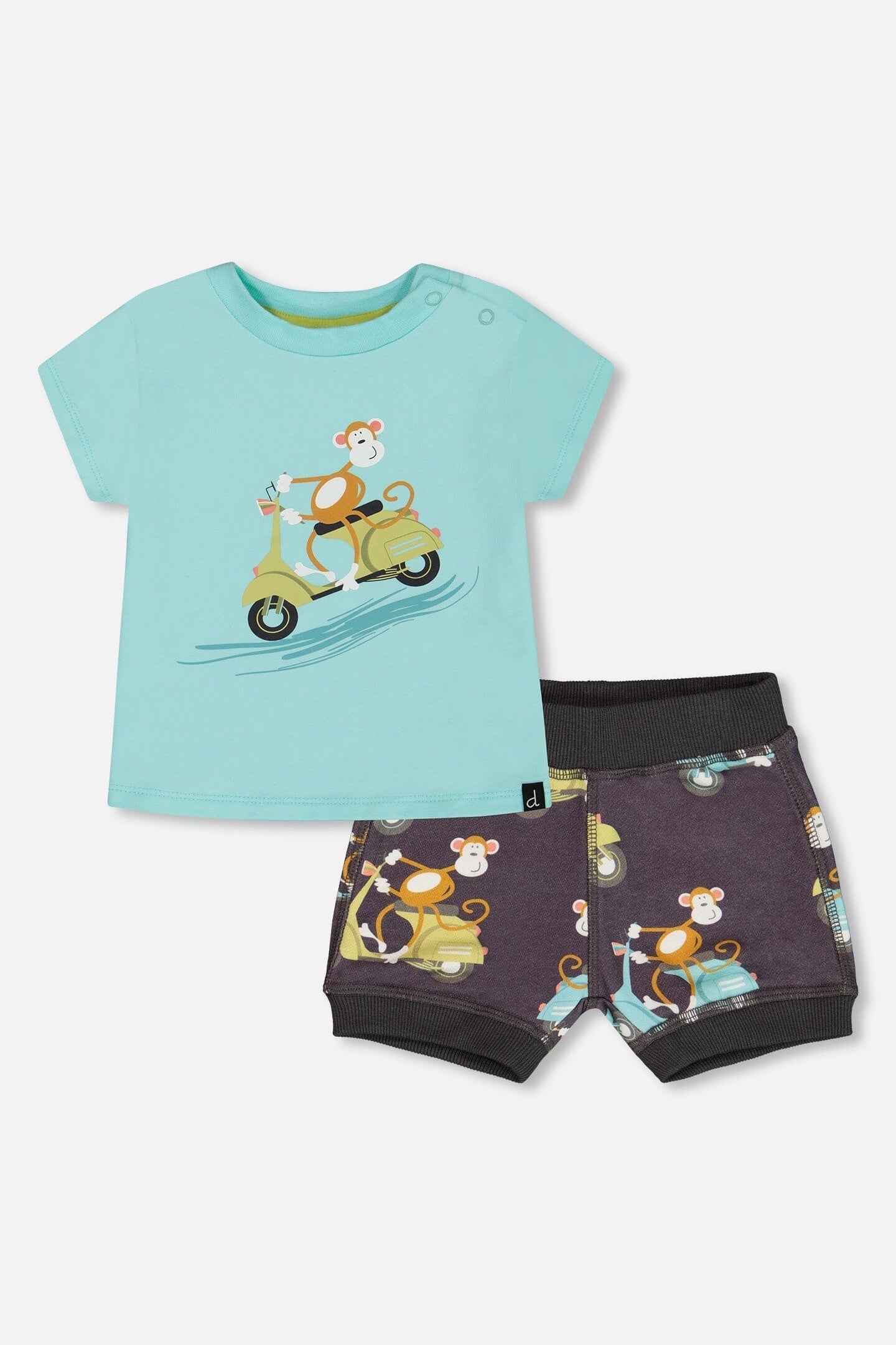 Two-Piece Top And Short Set Monkey On Navy And Turquoise Moped