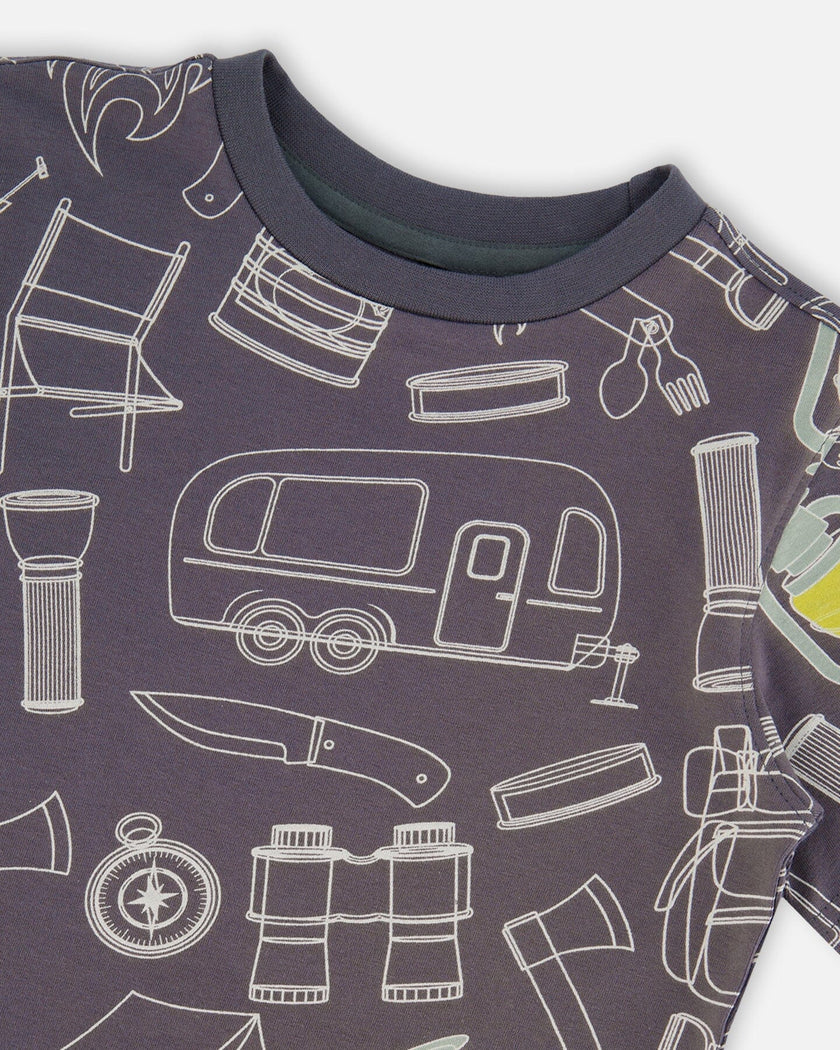 Printed Organic Cotton Tee Grayish Blue And Camping