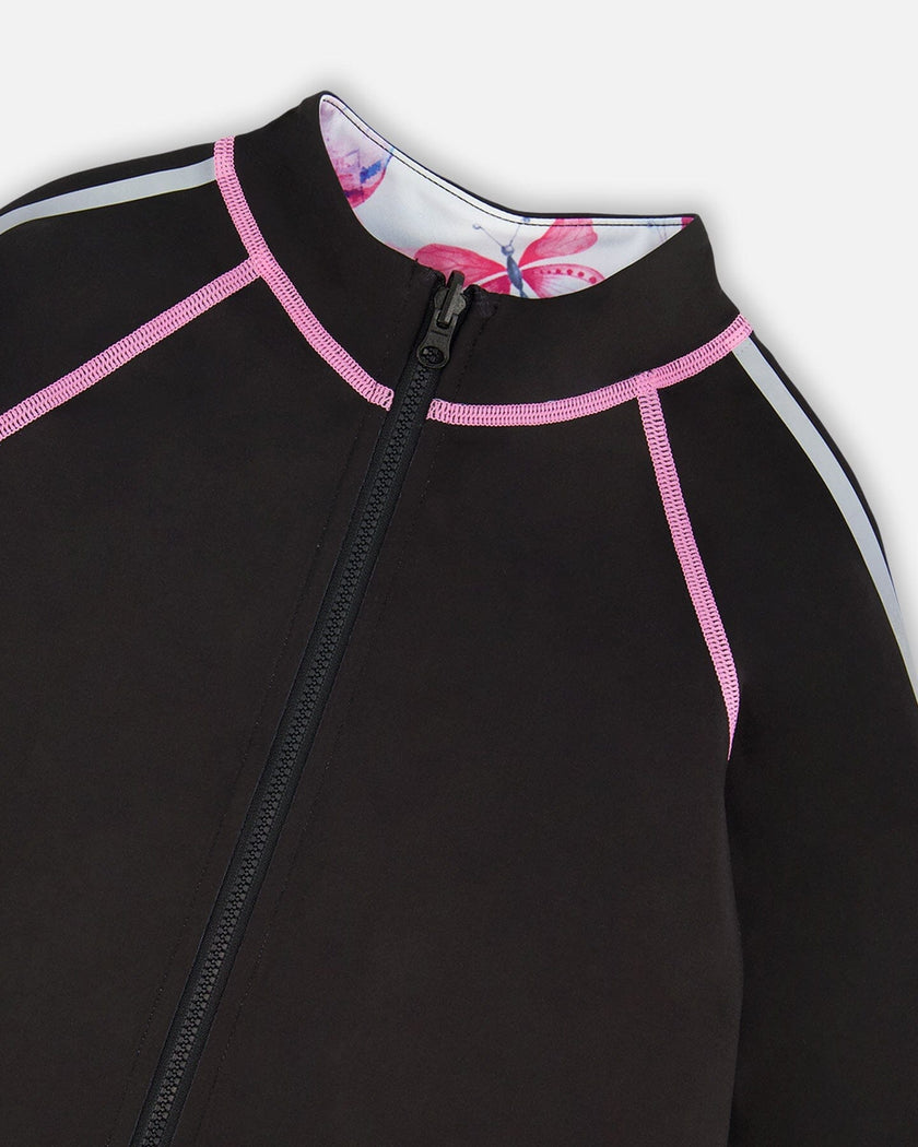 Printed Reversible Full Zip Athletic Cardigan Pink, Blue And Butterflies