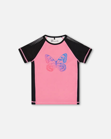 Printed Short Sleeve Athletic Top Pink With Butterflies