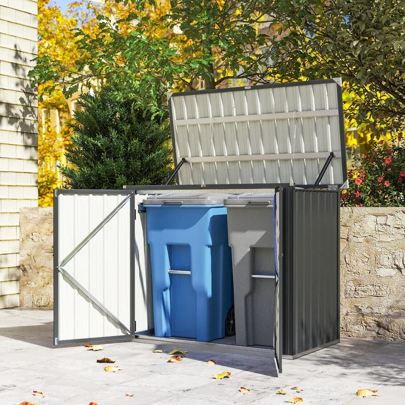 Outdoor Storage Shed Lockable Galvanized Steel Garbage Bin Shed Lift-up Lid for 2 Trash Cans