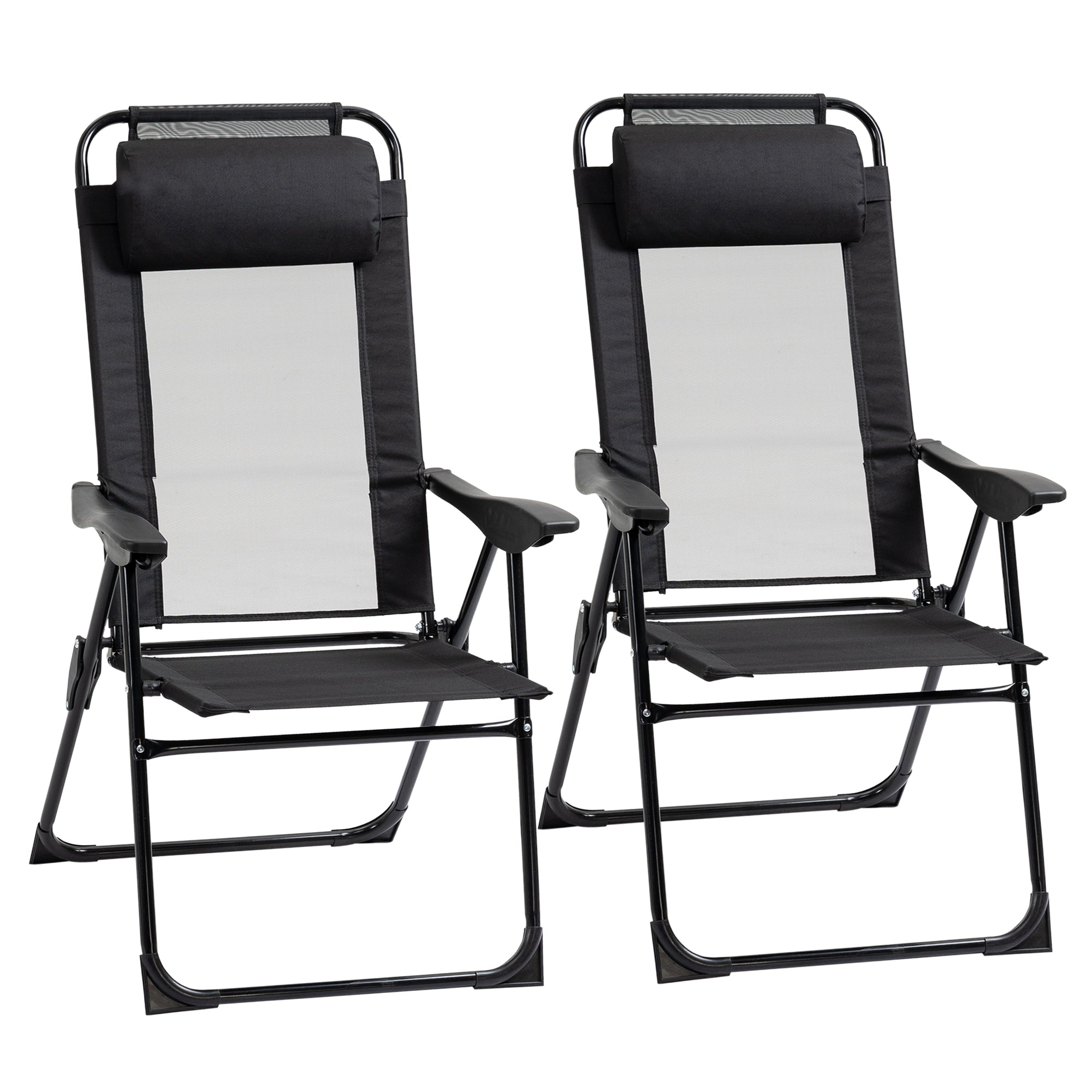 Outsunny Dual Camping Delight: Double Foldable Reclining Camping Chairs with Headrest, Black