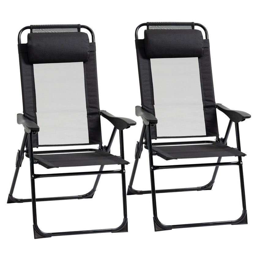Outsunny Dual Camping Delight: Double Foldable Reclining Camping Chairs with Headrest, Black