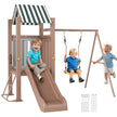Qaba 4-in-1 Kids Swing Set for Playground with Slide, Covered Fort, Climbing Ladder, Ground Stakes, for Kids Ages 3-8, Brown
