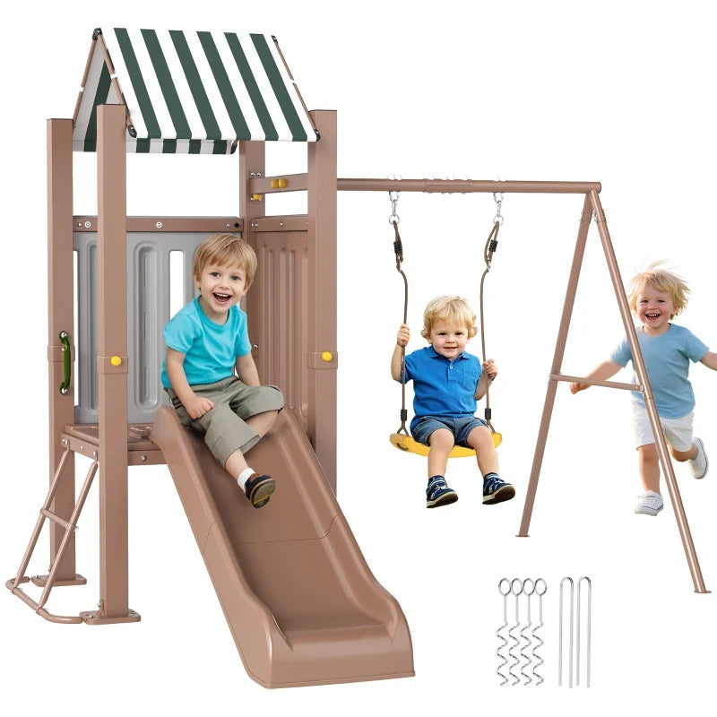 Qaba 4-in-1 Kids Swing Set for Playground with Slide, Covered Fort, Climbing Ladder, Ground Stakes, for Kids Ages 3-8, Brown