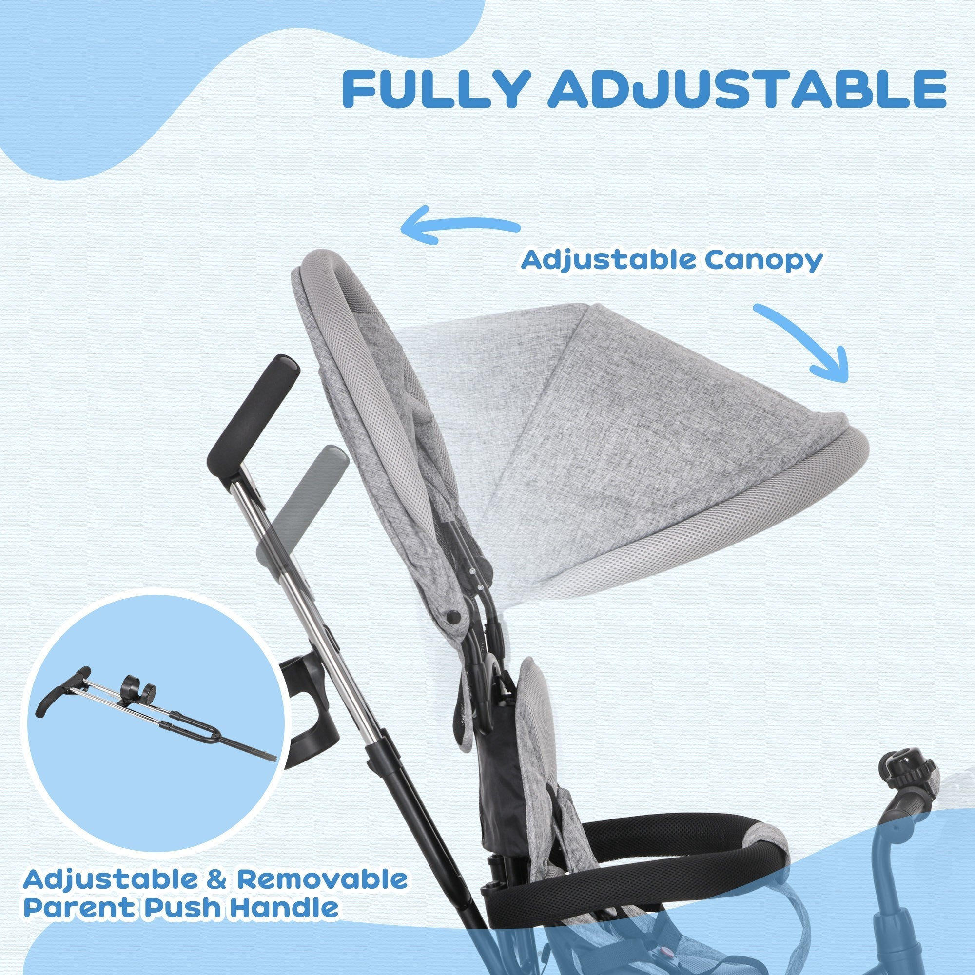 Qaba 4-in-1 Convertible Toddler Tricycle Stroller with Canopy Basket Safety Harness for Kids 12-60 Months Grey