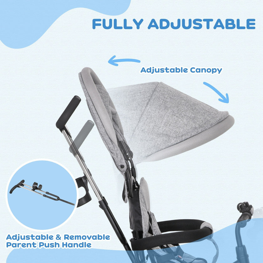 Qaba 4-in-1 Convertible Toddler Tricycle Stroller with Canopy Basket Safety Harness for Kids 12-60 Months Grey