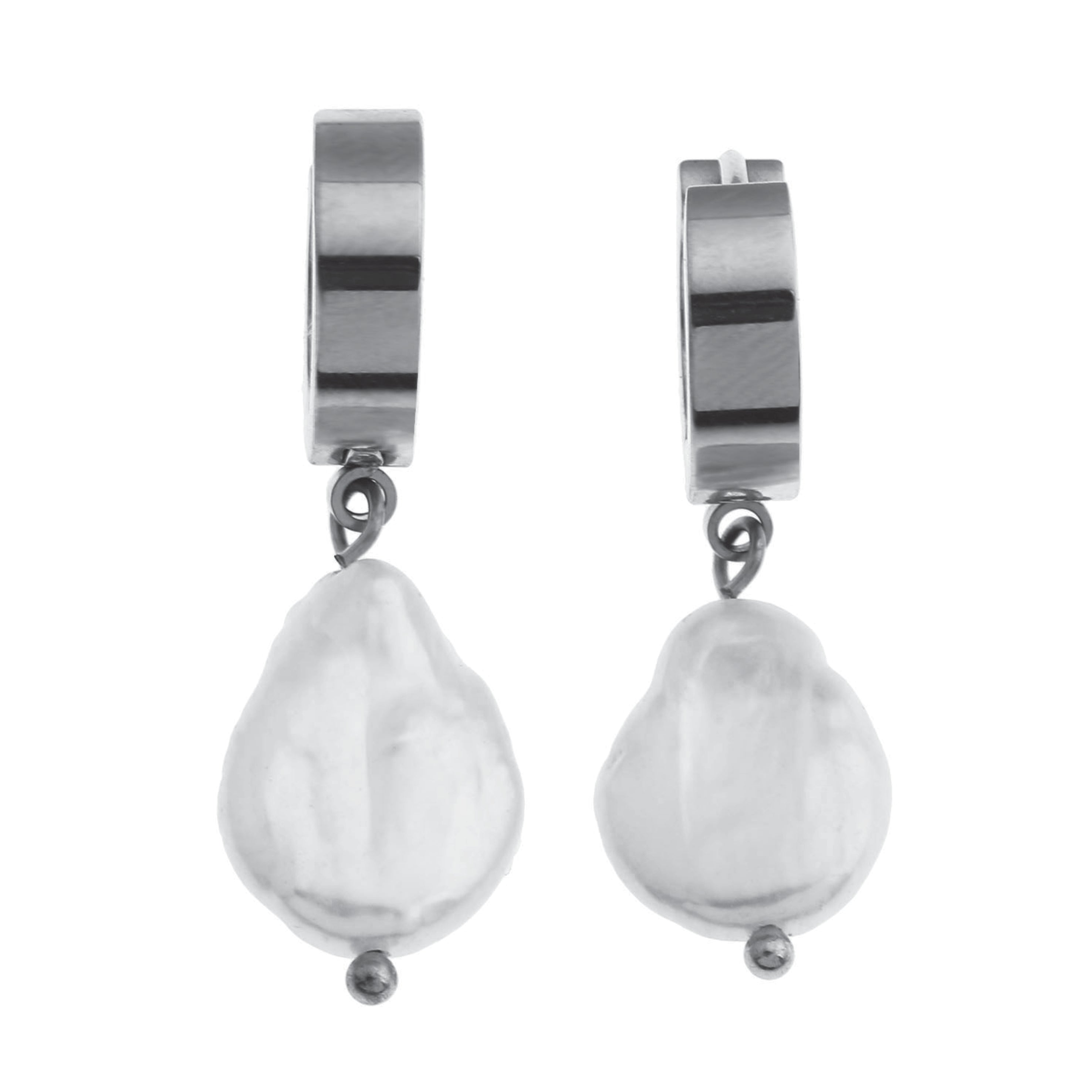 GAIA Or Blanc (Teinte Argentée) : Perles d'eau douce baroque sur mini créoles larges.