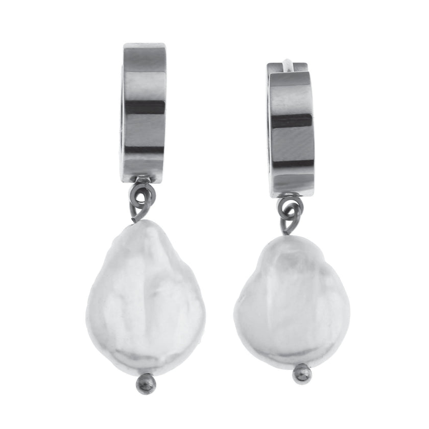 GAIA Or Blanc (Teinte Argentée) : Perles d'eau douce baroque sur mini créoles larges.