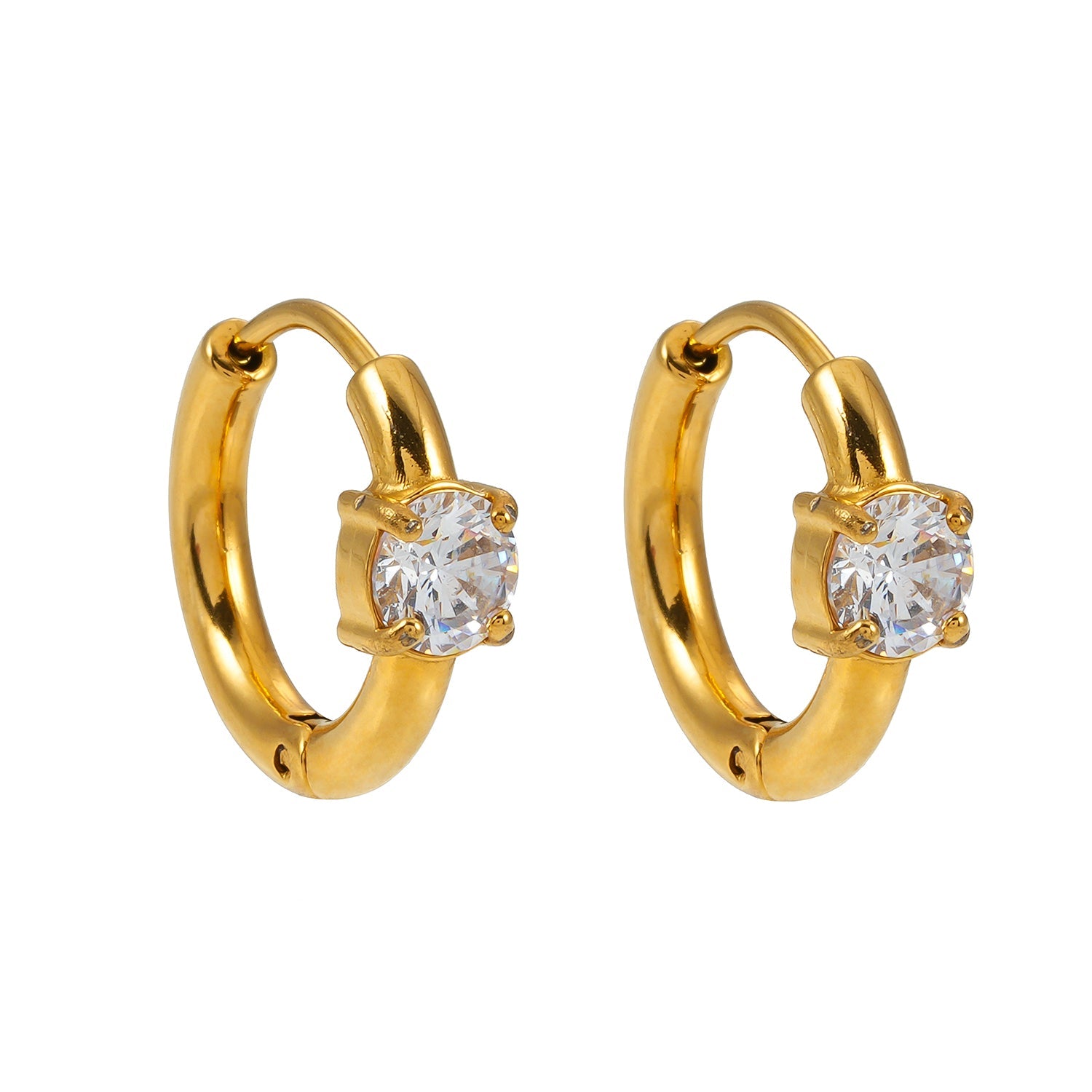 Style GALENA Gold : Boucles d’oreilles mini-cerceaux en or avec une pierre de moissanite ronde.