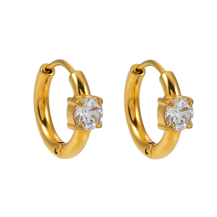 Style GALENA Gold : Boucles d’oreilles mini-cerceaux en or avec une pierre de moissanite ronde.
