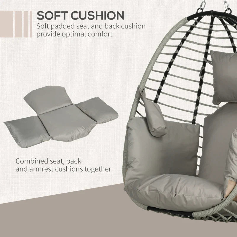 Outdoor Hanging Egg Chair with Thick Padded Cushion, Patio Swing Chair, Grey