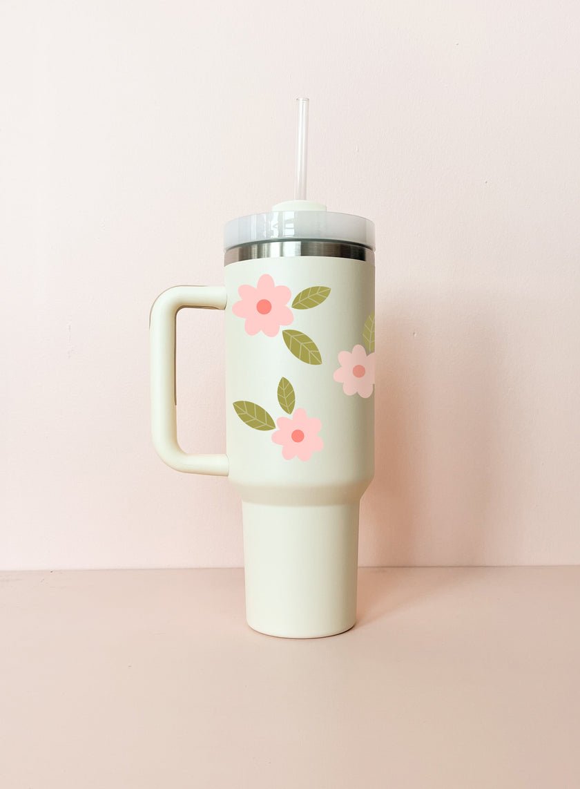 Gobelet isotherme 40oz - crème Fleurs maxi rose