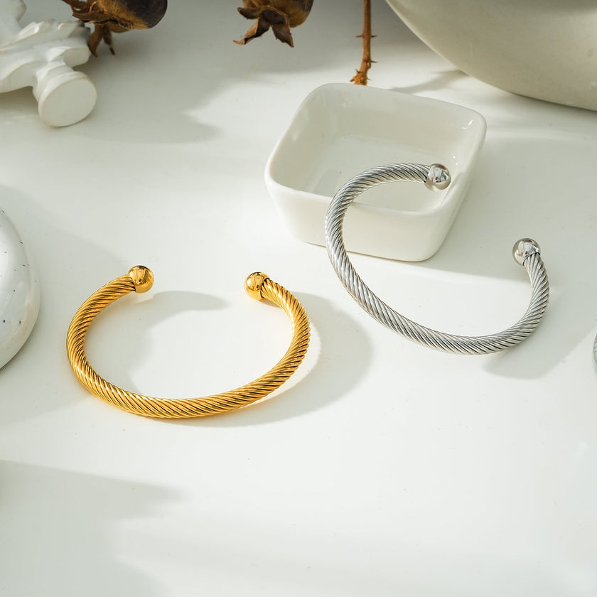 GOCHAR: Contemporary Elegance - White Gold ( Silver Toned) Bracelet with Surface Lines & Ball Bead Accents