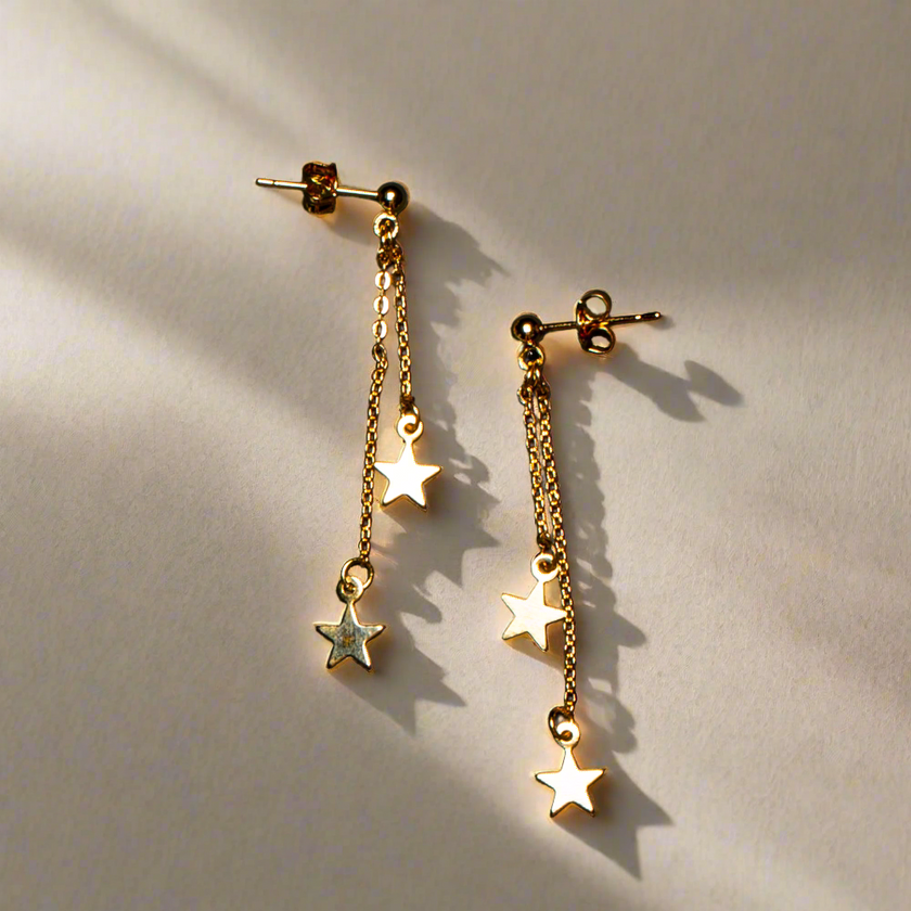 Double Drop Star Chain Stud Earring In Gold Plate