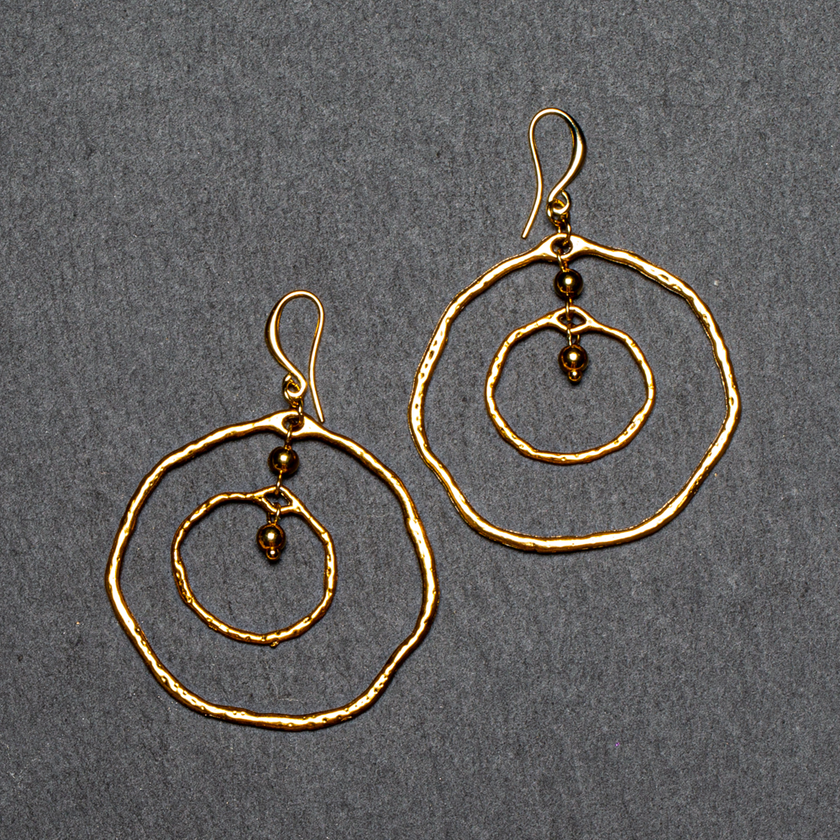 Beaten Double Ring Earring In Gold Plate