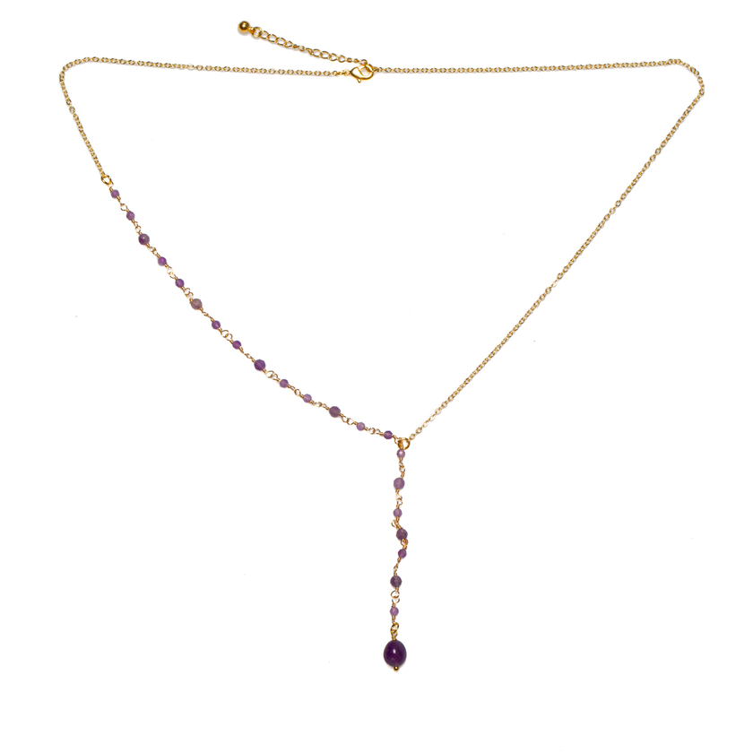 Amethyst & Glass Bead Delicate Drop Necklace In Gold Plate