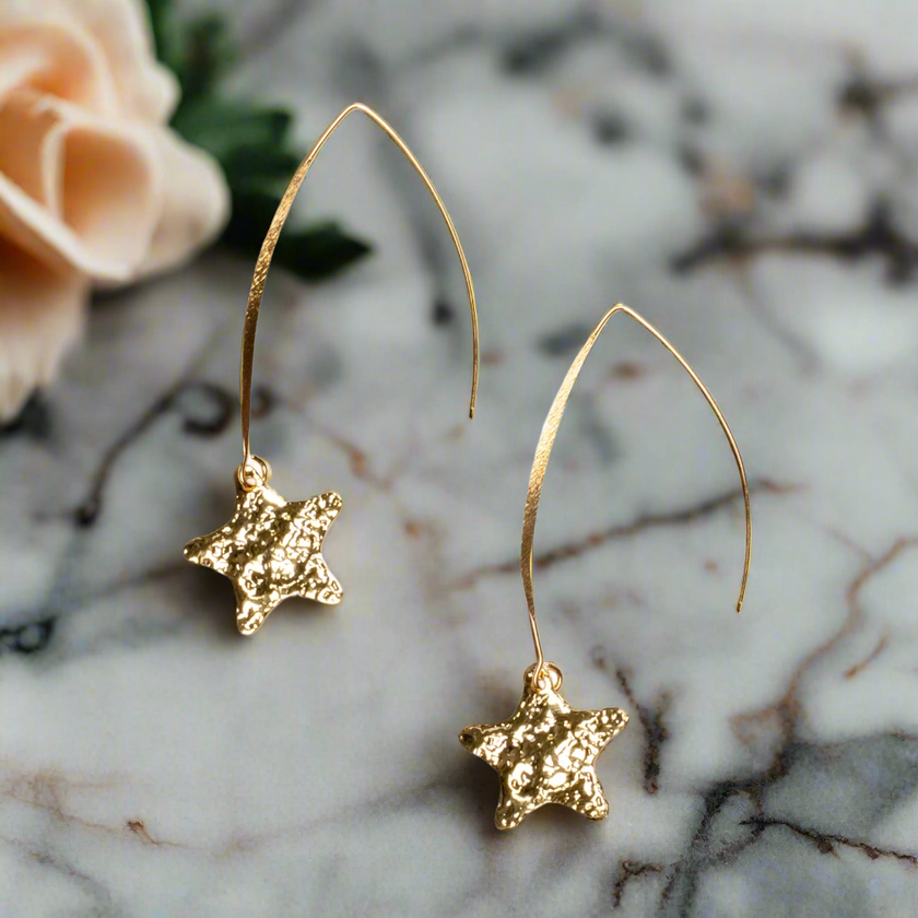 Hammered Star Drop Earring - Gold Plate