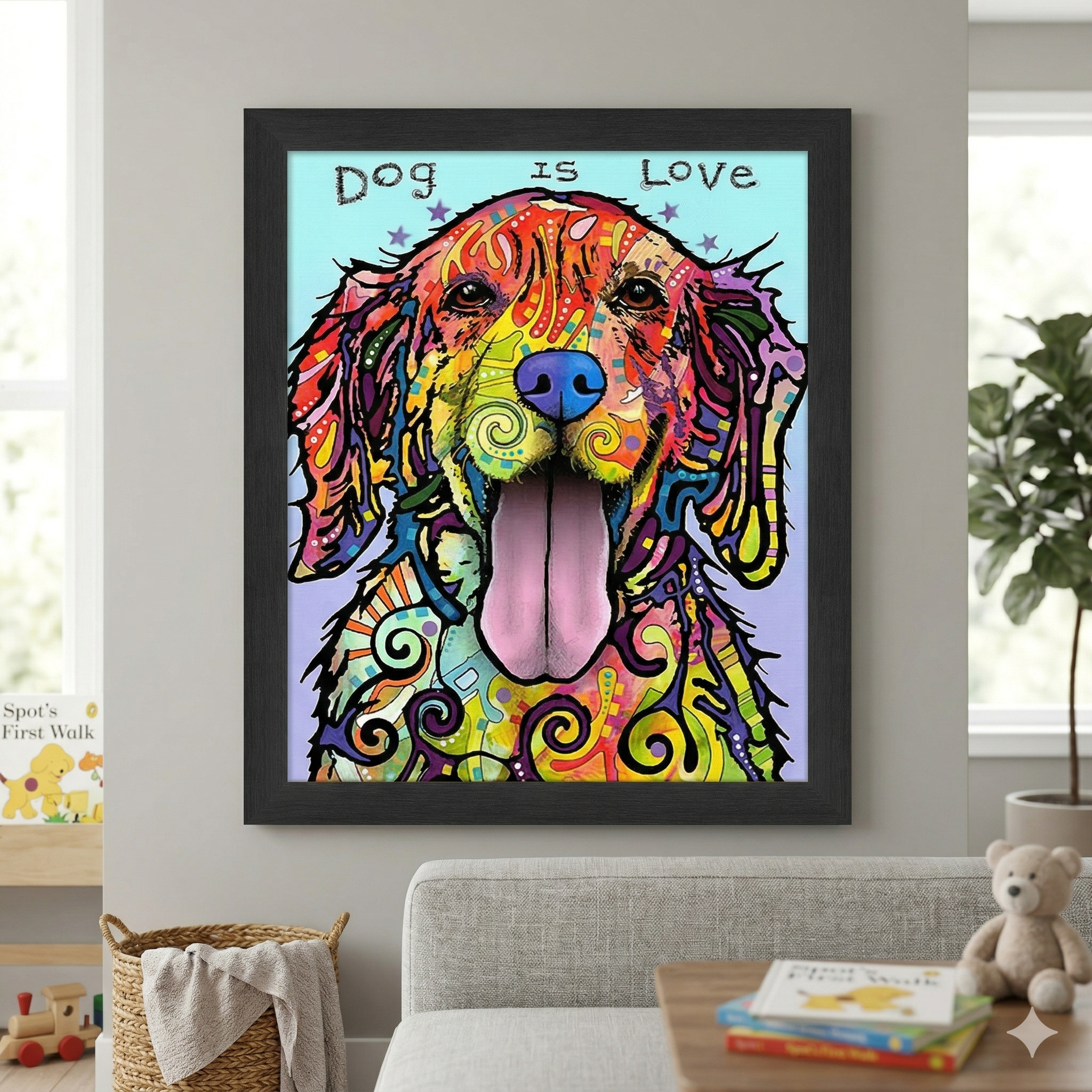 DOG IS LOVE COLORFUL  FRAMED CANVAS WALL ART (33.5